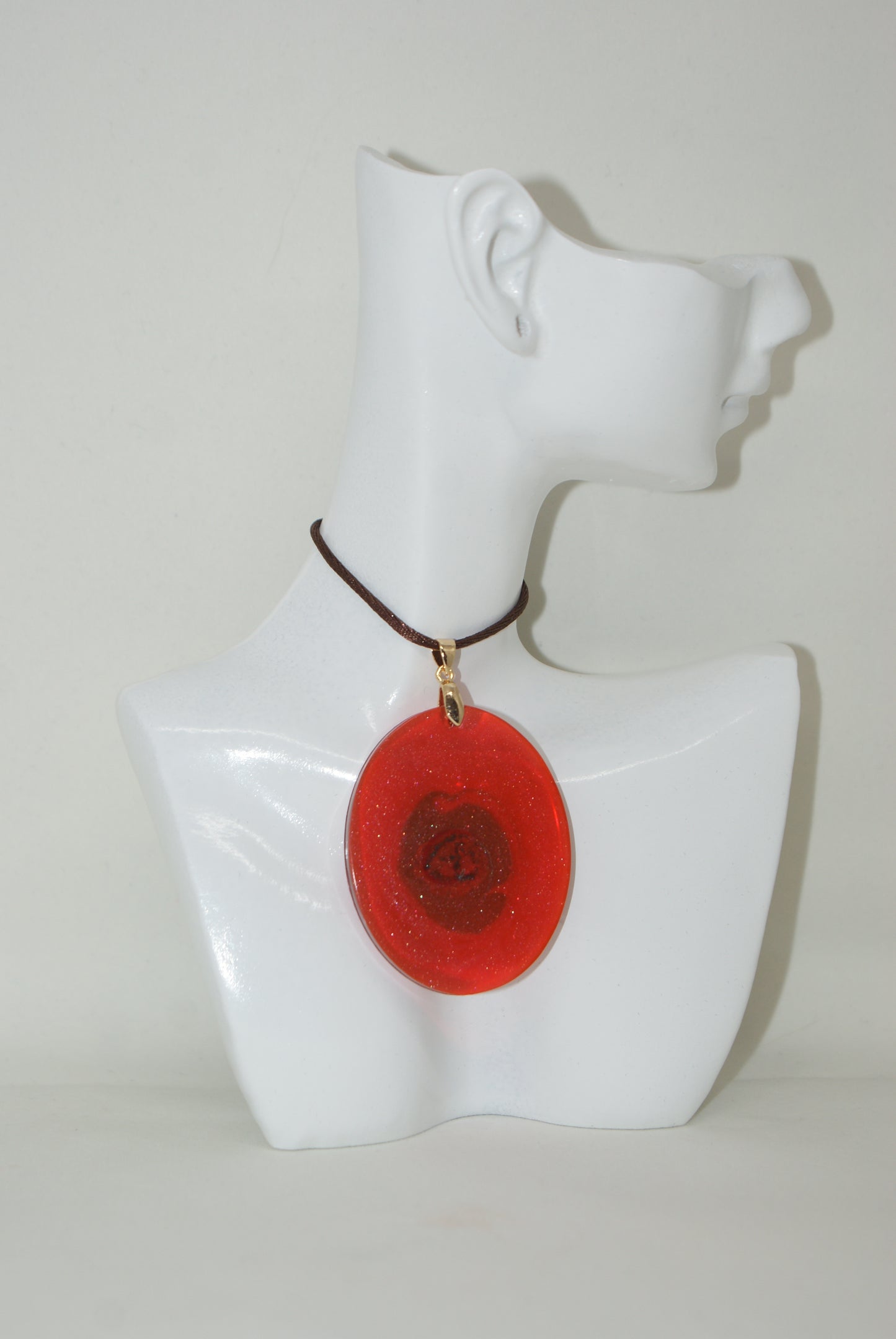 Hand-Poured Resin and Alcohol Ink Necklace - Oval - Red/Brown