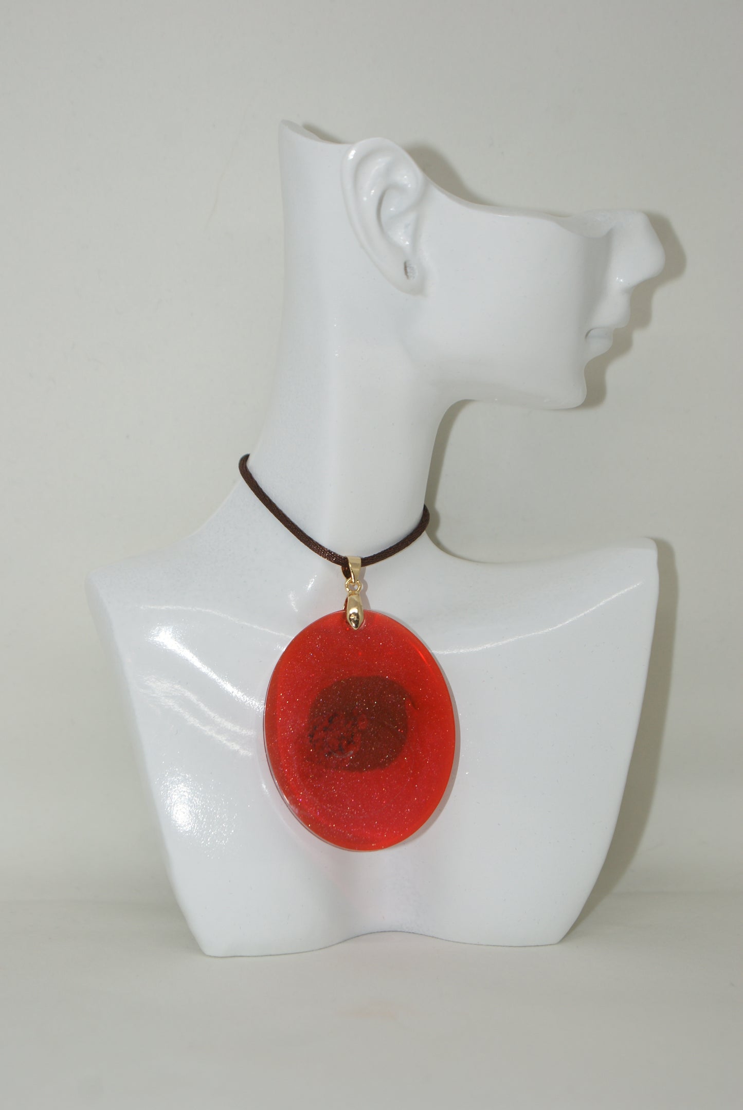 Hand-Poured Resin and Alcohol Ink Necklace - Oval - Red/Brown