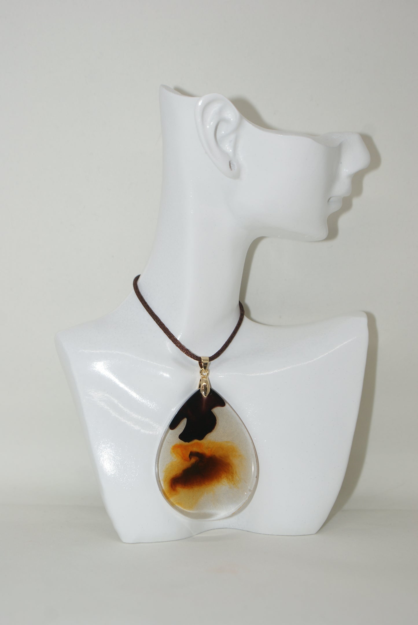 Hand-Poured Resin and Alcohol Ink Necklace - Droplet - Brown/Clear