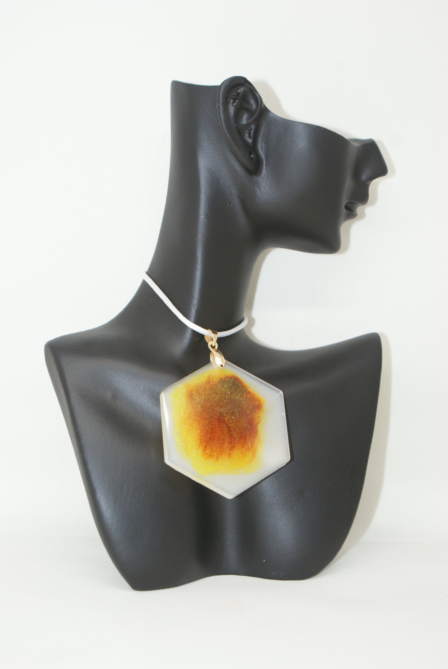 Hand-Poured Resin and Alcohol Ink Necklace - Hexagon - Brown/Yellow