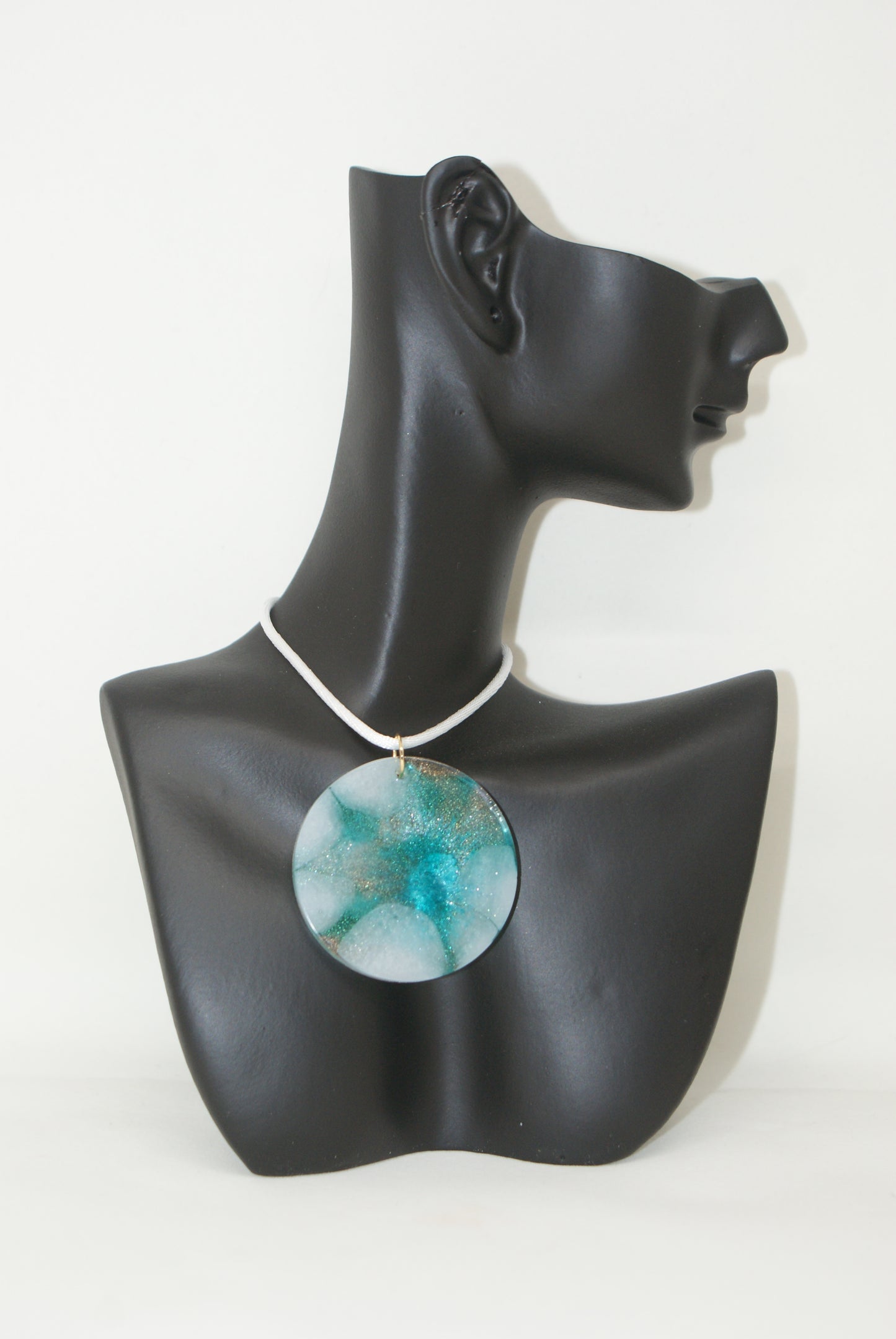 Hand-Poured Resin and Alcohol Ink Necklace - Circle - Turquoise/White