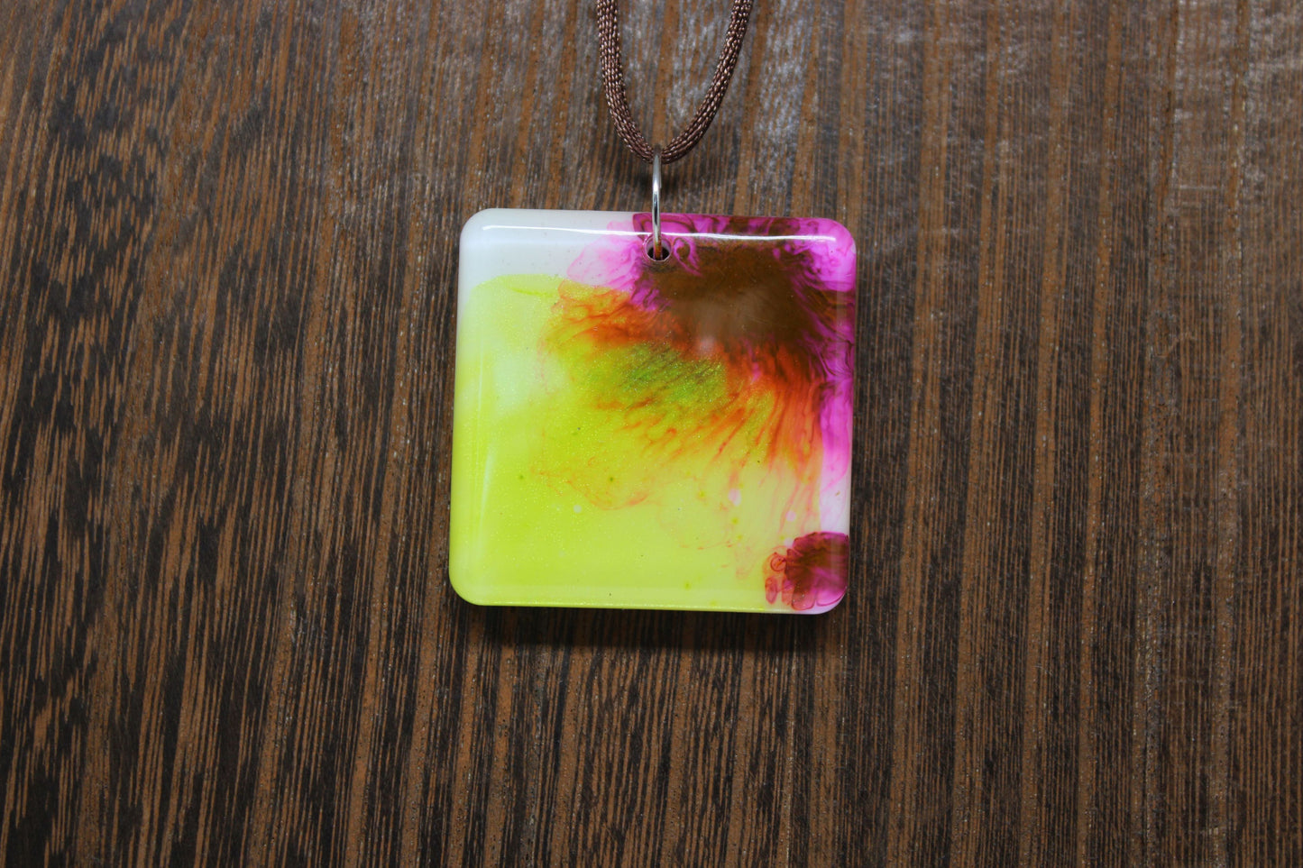 Hand-Poured Resin and Alcohol Ink Chunky Necklace - Square - Yellow/Purple