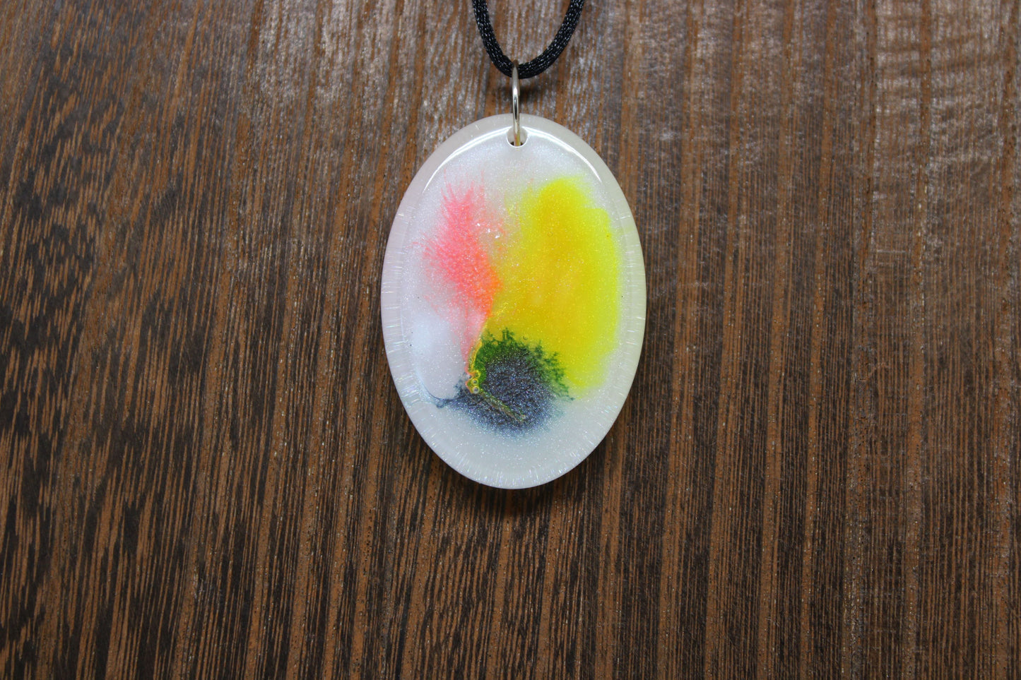 Hand-Poured Resin and Alcohol Ink Chunky Necklace - Oval - Yellow/Pink/Blue