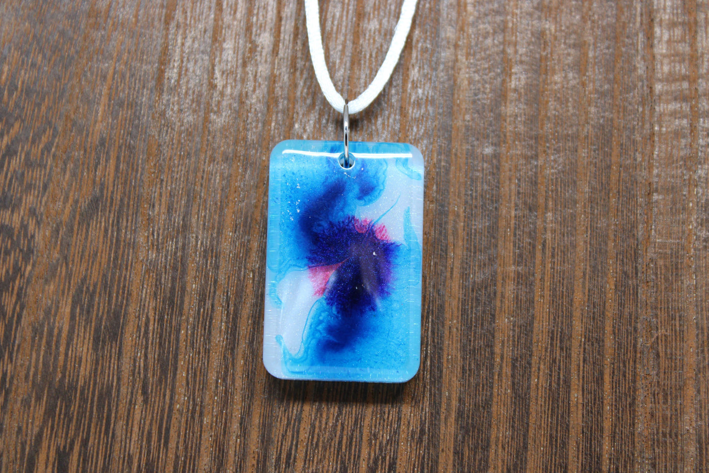 Hand-Poured Resin and Alcohol Ink Chunky Necklace - Rectangle - Blue/Pink