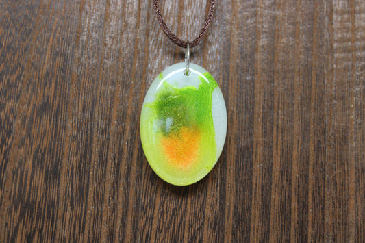 Hand-Poured Resin and Alcohol Ink Chunky Necklace - Oval - Green/Orange