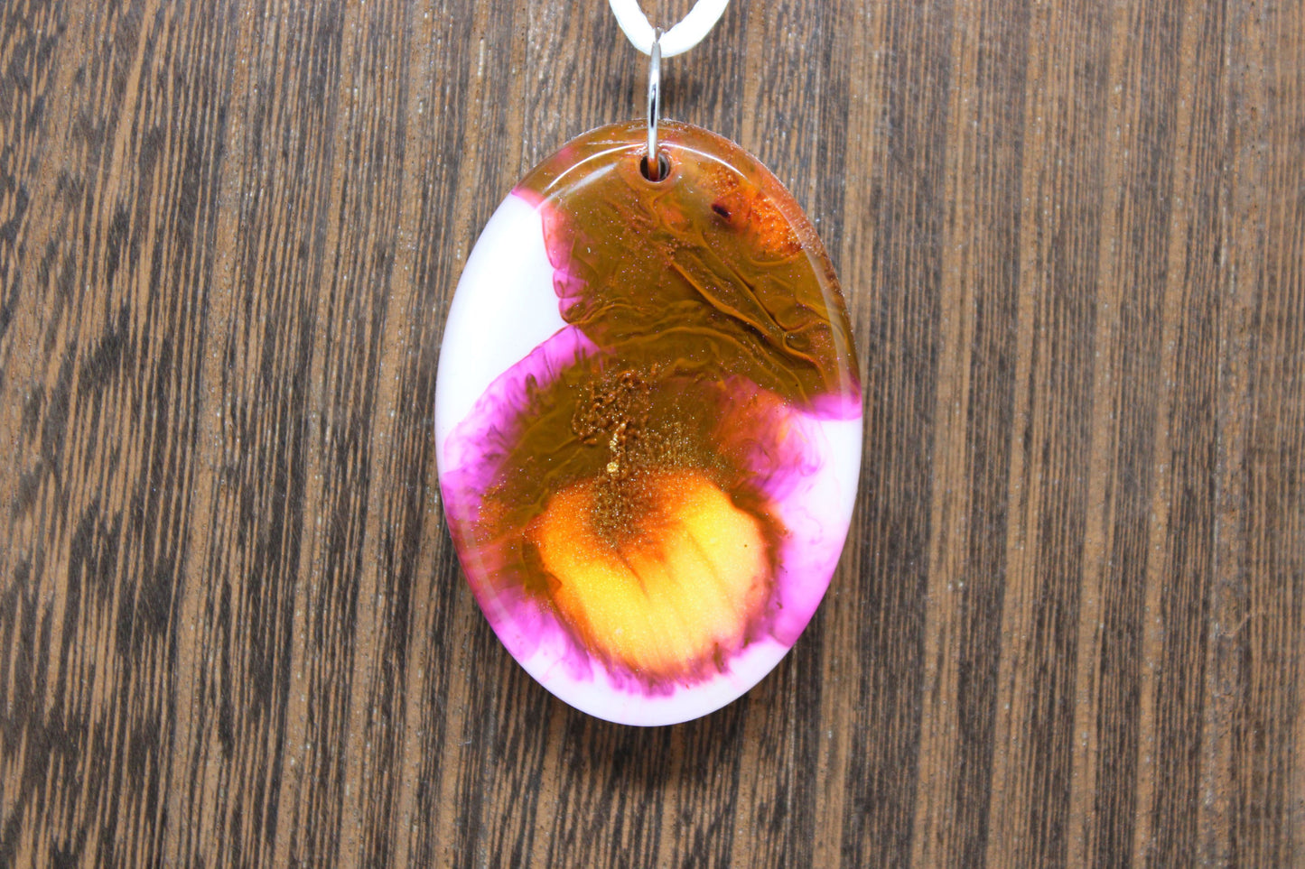 Hand-Poured Resin and Alcohol Ink Chunky Necklace - Oval - Purple/Yellow