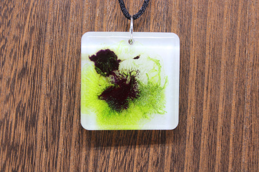 Hand-Poured Resin and Alcohol Ink Chunky Necklace - Square - Green/Purple