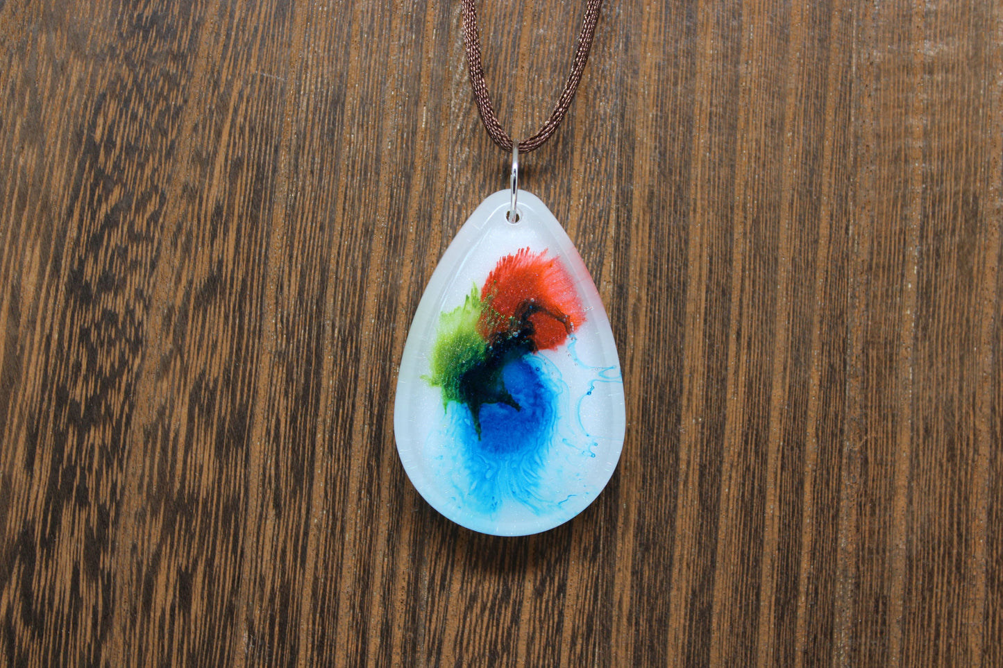 Hand-Poured Resin and Alcohol Ink Chunky Necklace - Droplet - Blue/Green/Red