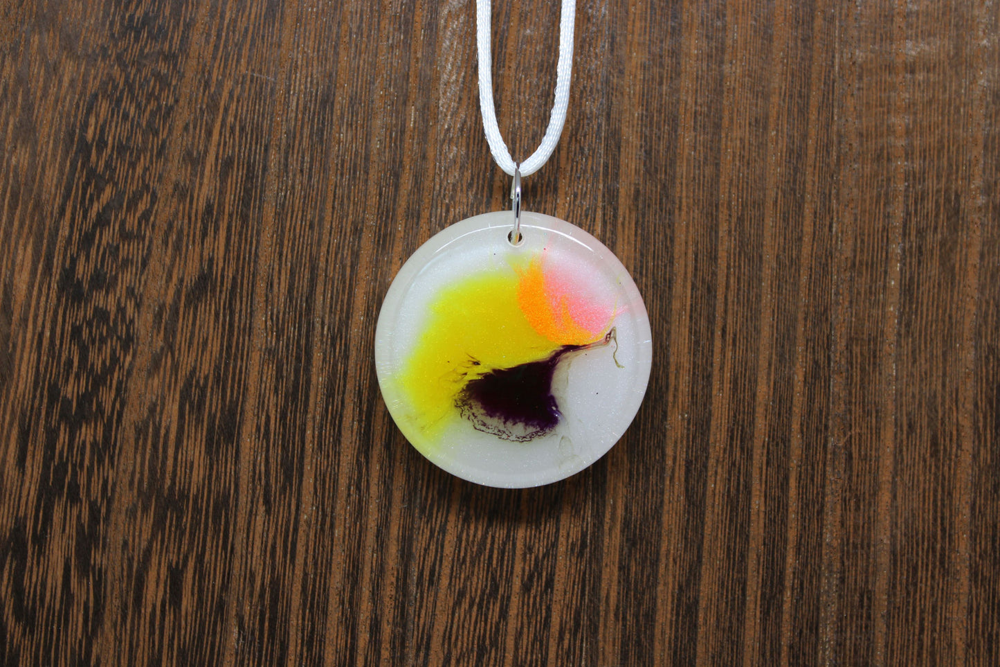 Hand-Poured Resin and Alcohol Ink Chunky Necklace - Round - Purple/Yellow/Pink