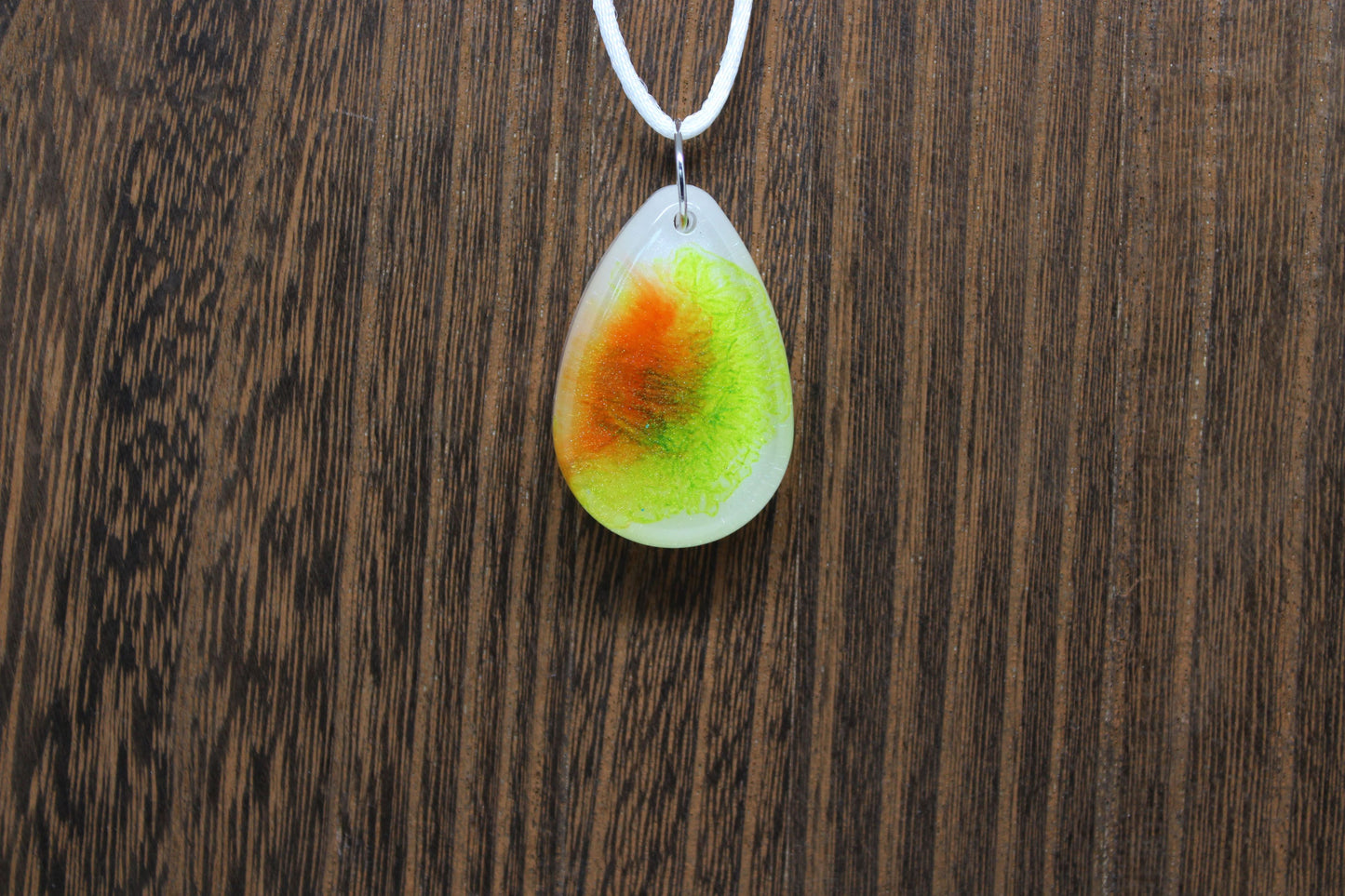 Hand-Poured Resin and Alcohol Ink Chunky Necklace - Droplet - Orange/Green