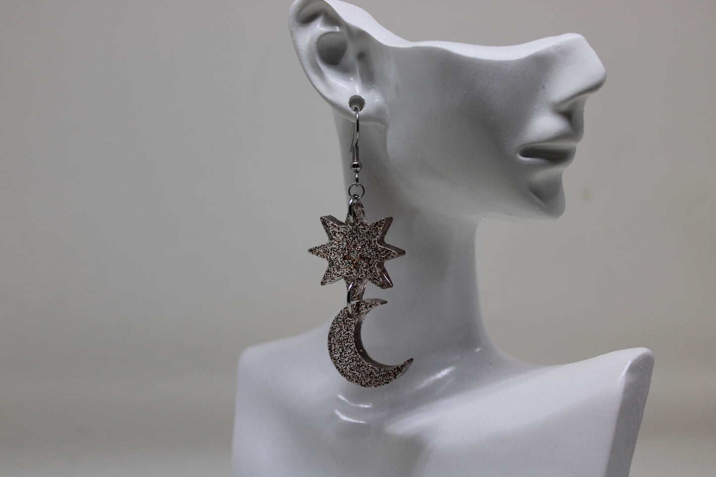 Hand-Poured Resin and Alcohol Ink Earrings - Brown Sparkle Moon/Star