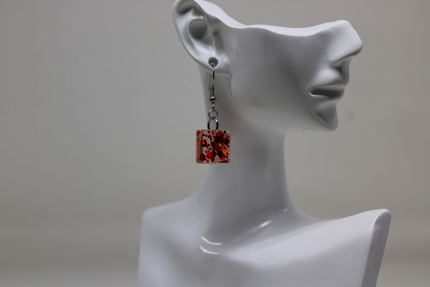 Hand-Poured Resin and Alcohol Ink Earrings - Square - Red Sparkle