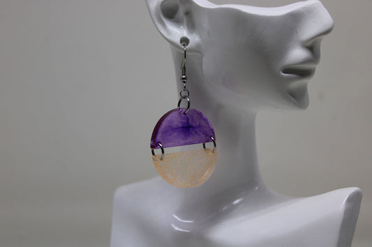 Hand-Poured Resin and Alcohol Ink Earrings - Half Circle - Purple/Peach