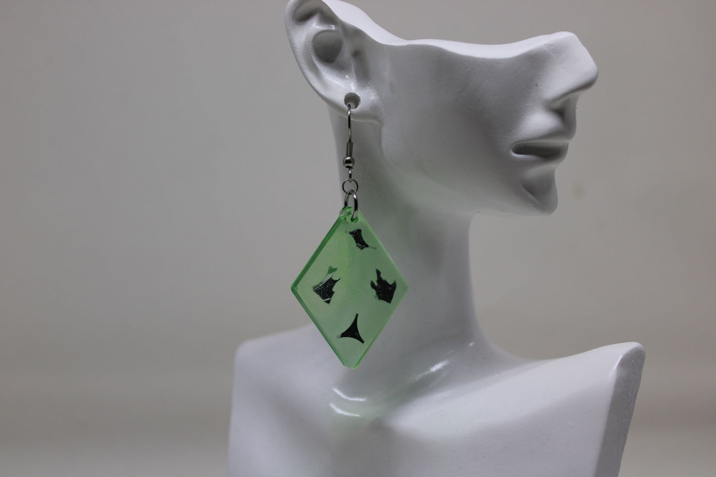 Hand-Poured Resin and Alcohol Ink Earrings - Diamond - Green/Silver Fleck