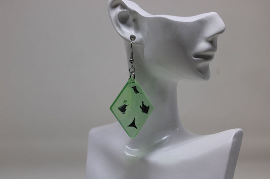 Hand-Poured Resin and Alcohol Ink Earrings - Diamond - Green/Silver Fleck