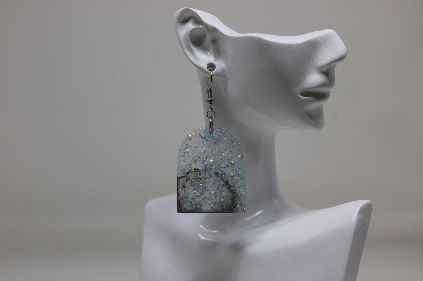 Hand-Poured Resin and Alcohol Ink Earrings - Arch - Clear Sparkle/Silver