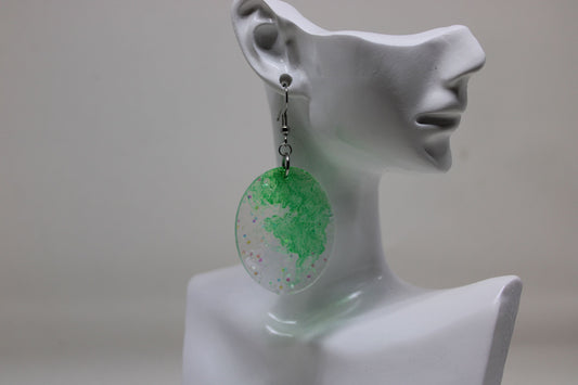 Hand-Poured Resin and Alcohol Ink Earrings - Oval - Green/Clear Sparkle