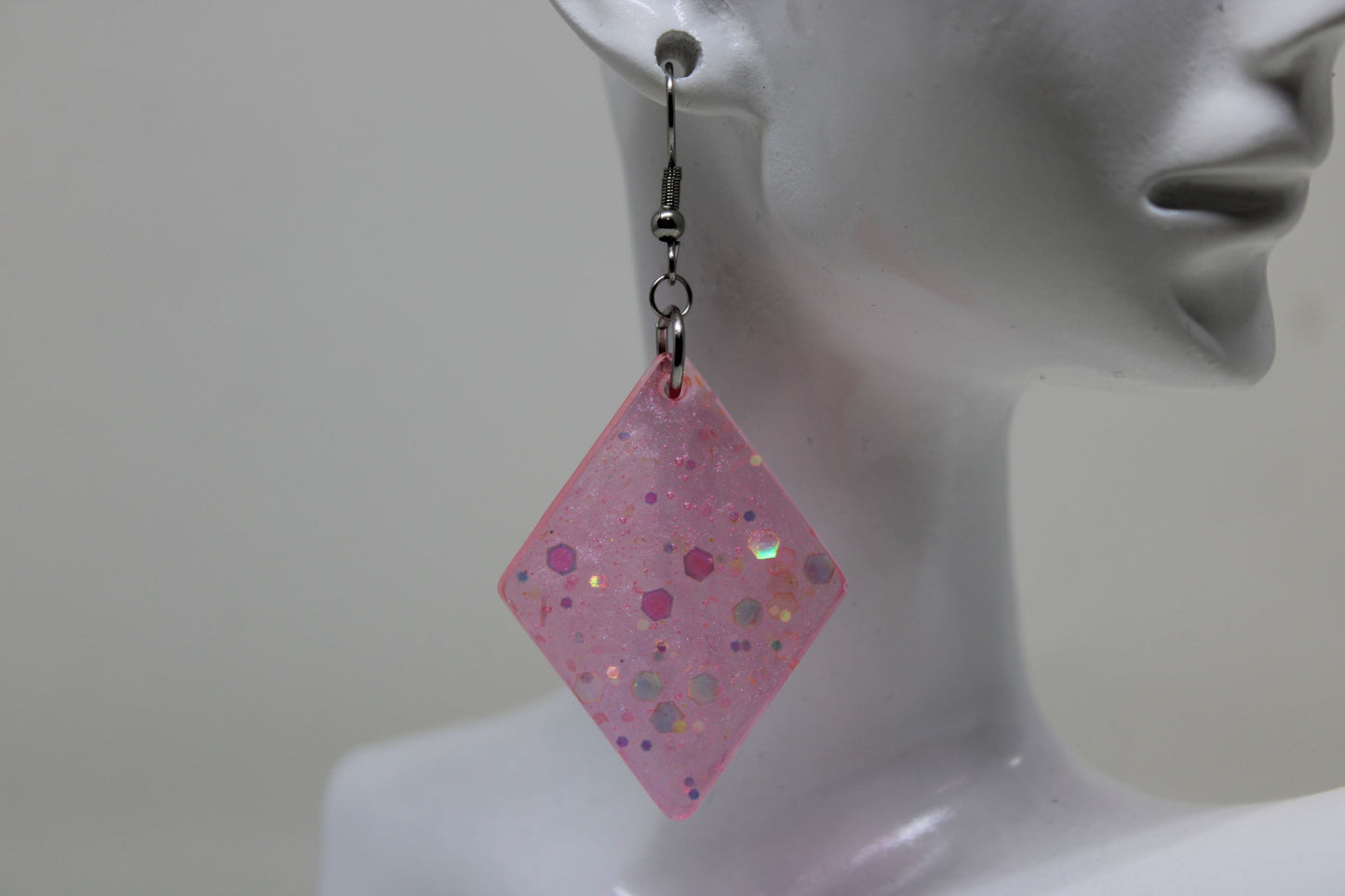 Hand-Poured Resin and Alcohol Ink Earrings - Diamond - Pink