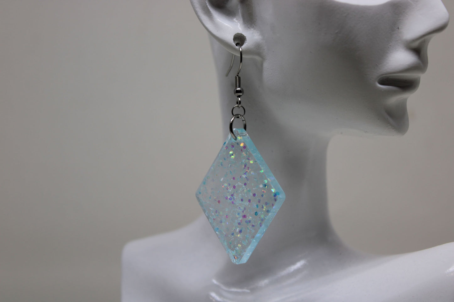 Hand-Poured Resin and Alcohol Ink Earrings - Diamond - Light Blue Sparkle