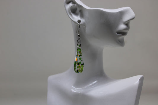 Hand-Poured Resin and Alcohol Ink Earrings - Droplet - Green Sparkle