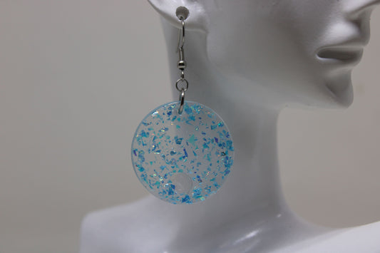 Hand-Poured Resin and Alcohol Ink Earrings - Round - Light Blue Sparkle