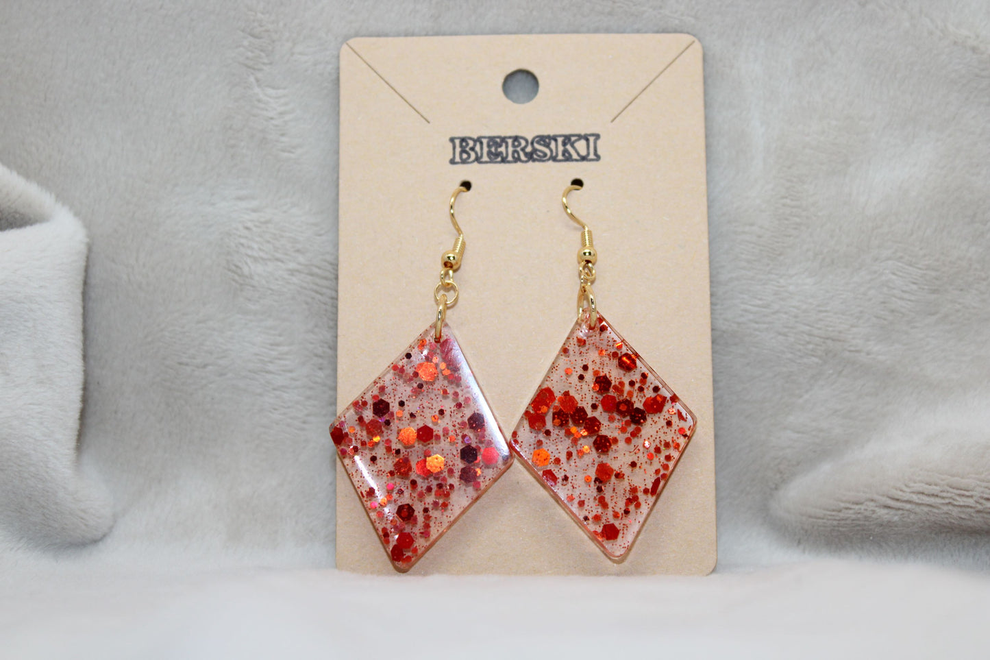 Hand-Poured Resin and Alcohol Ink Earrings - Diamond - Red Sparkle