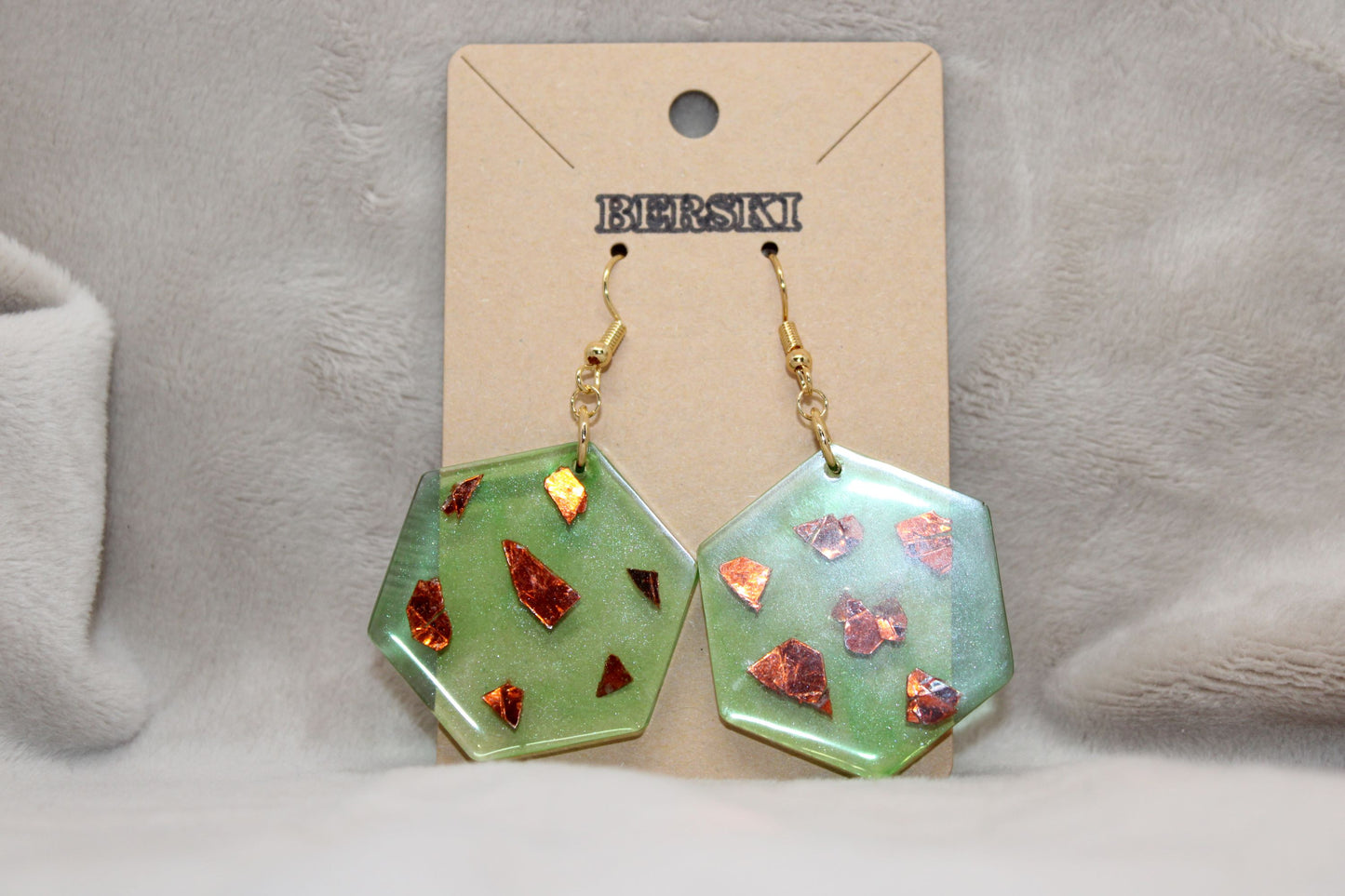 Hand-Poured Resin and Alcohol Ink Earrings - Hex - Green/Gold Fleck