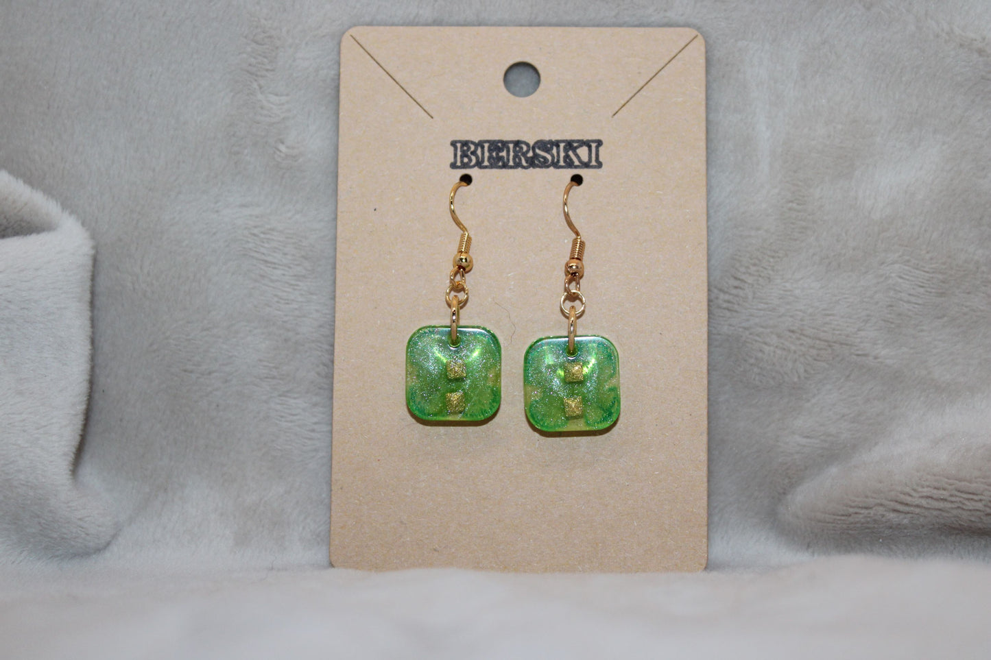 Hand-Poured Resin and Alcohol Ink Earrings - Square - Green/Gold