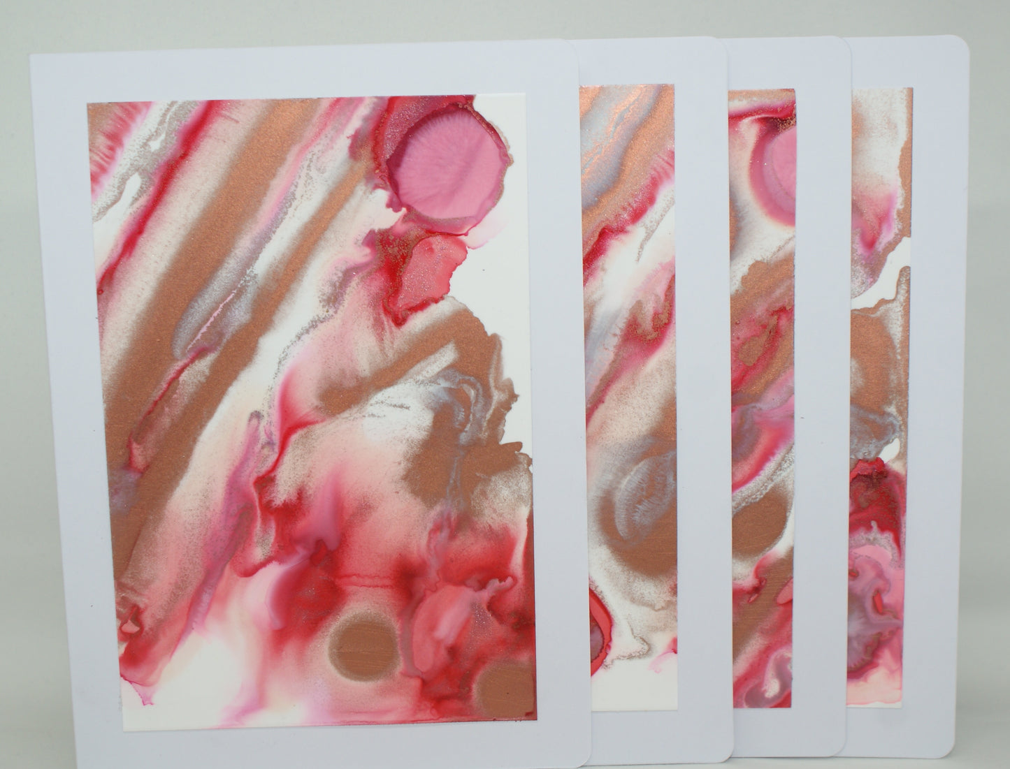 Handmade Alcohol Ink Notecards - Red/Pink/Gold (Set of 4)