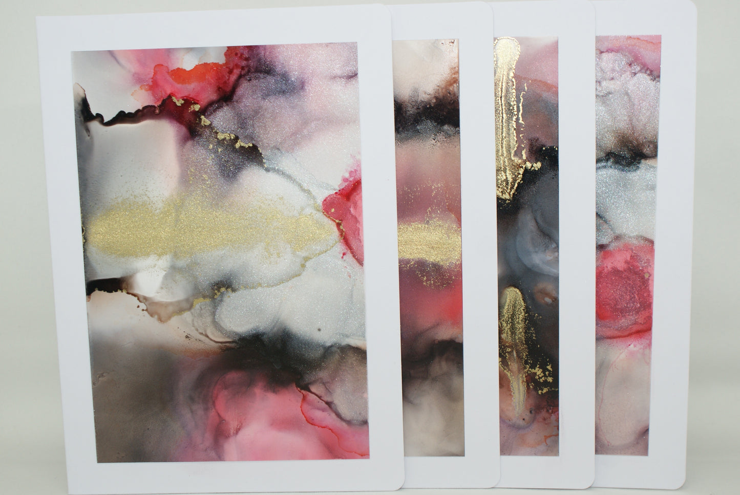 Handmade Alcohol Ink Notecards - Black/Red/Gold (Set of 4)