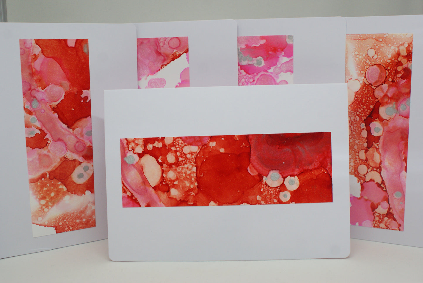 Handmade Alcohol Ink Notecards - Red/Pink/Silver (Set of 4)