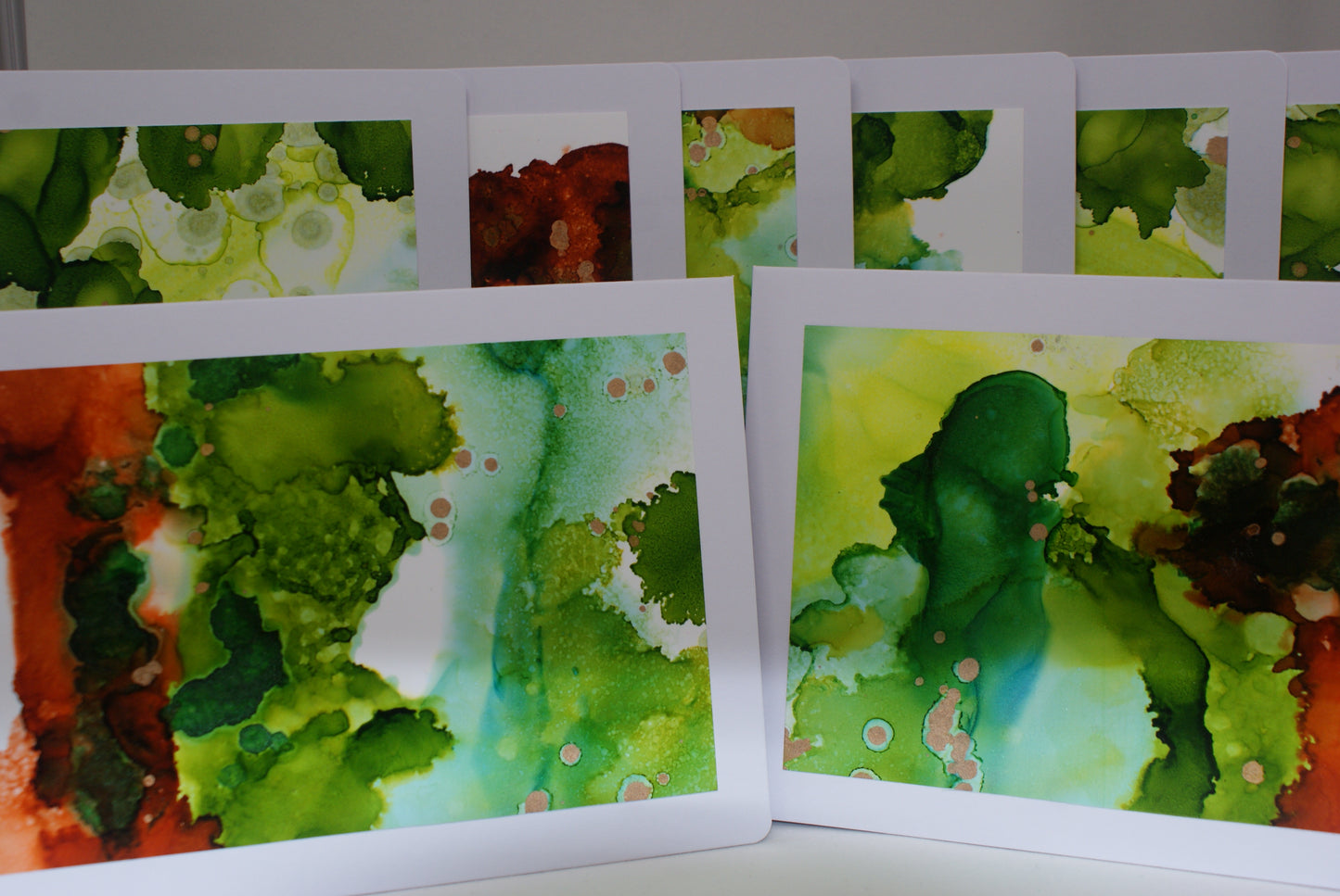 Handmade Alcohol Ink Notecards - Green/Brown/Gold (Set of 4)