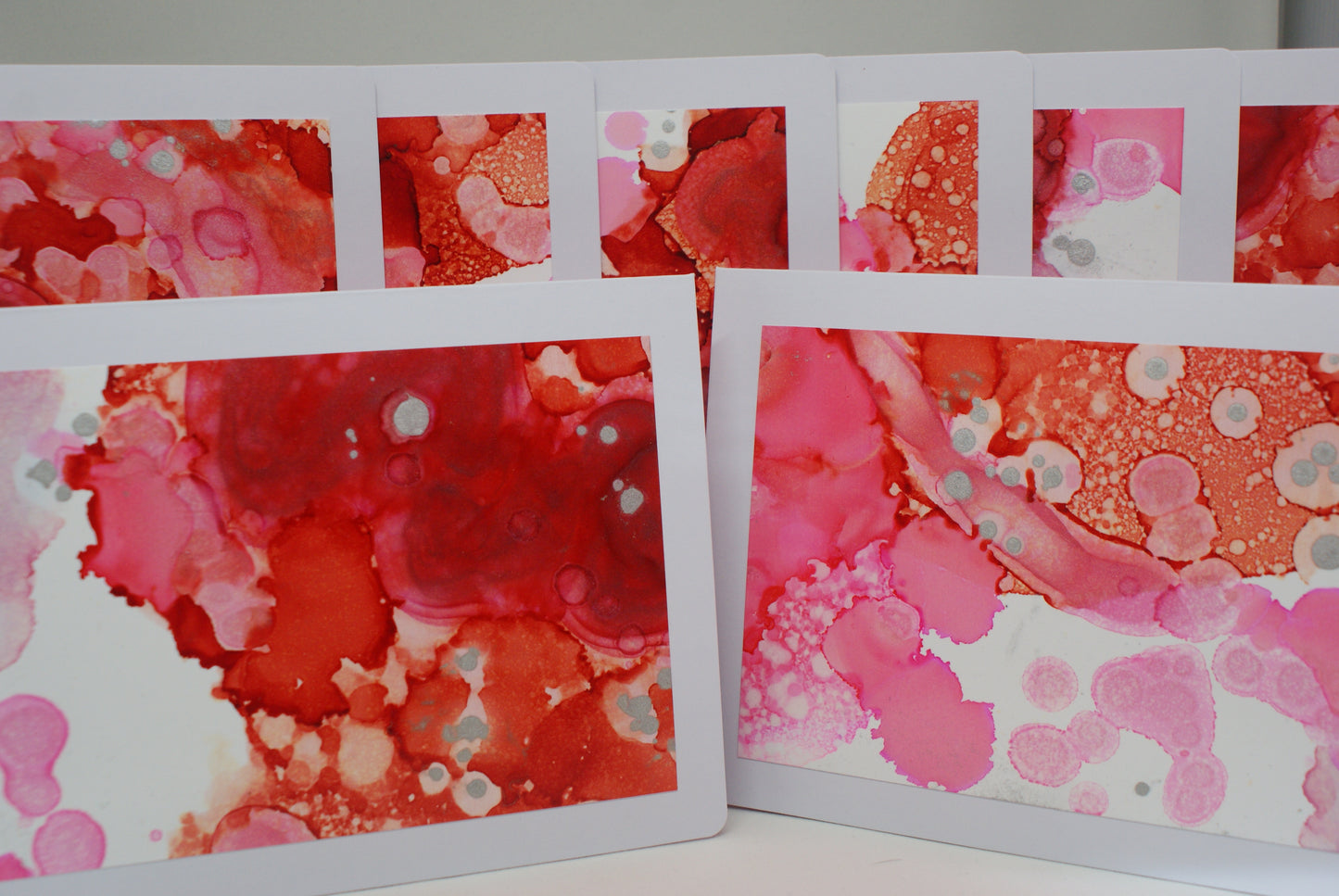 Handmade Alcohol Ink Notecards - Red/Pink/Silver (Set of 4)