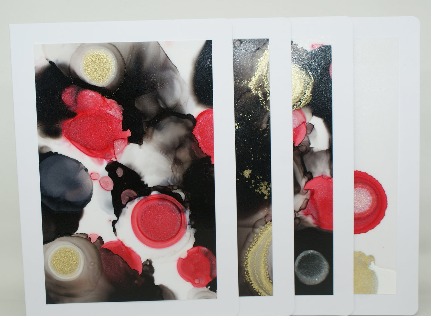 Handmade Alcohol Ink Notecards - Black/Red/Gold (Set of 4)