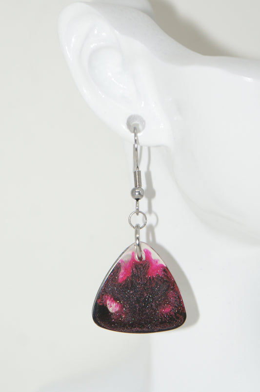 Hand-Poured Resin and Alcohol Ink Earrings - Triangle - Pink/Black