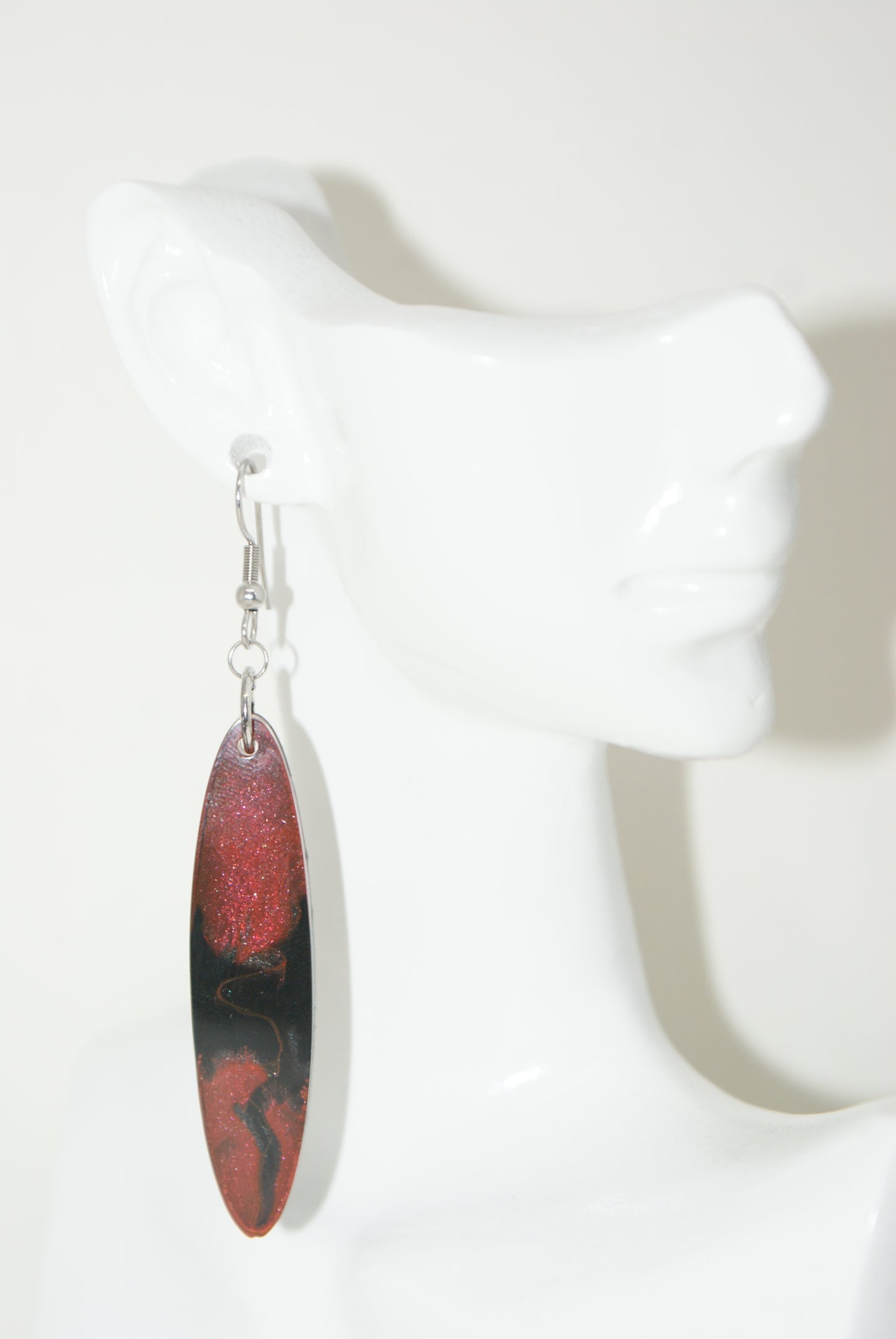 Hand-Poured Resin and Alcohol Ink Earrings - Oval - Red/Black