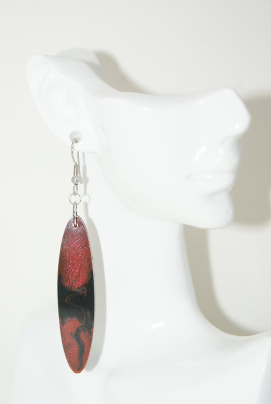 Hand-Poured Resin and Alcohol Ink Earrings - Oval - Red/Black