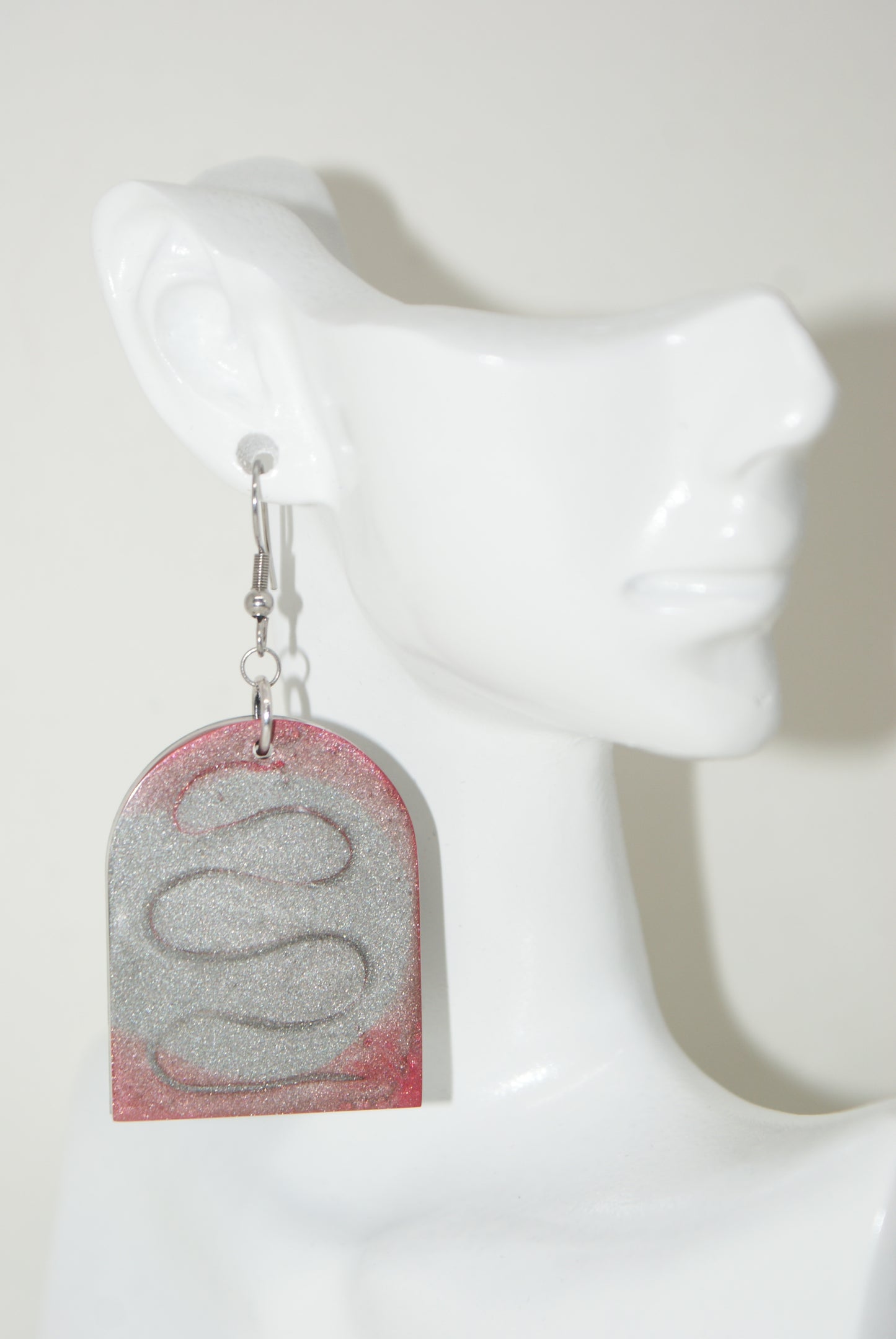Hand-Poured Resin and Alcohol Ink Earrings - Arch - Red/Silver