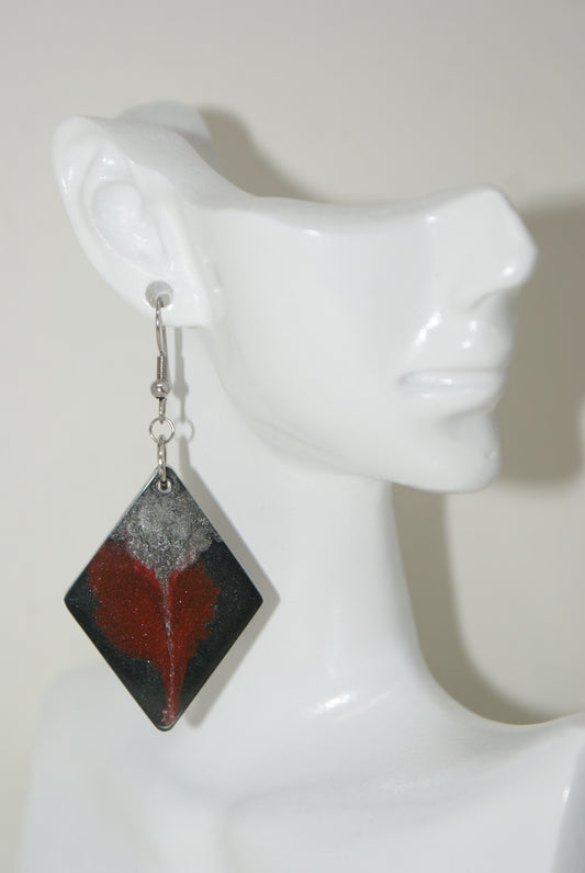 Hand-Poured Resin and Alcohol Ink Earrings - Diamond - Red/Silver/Black