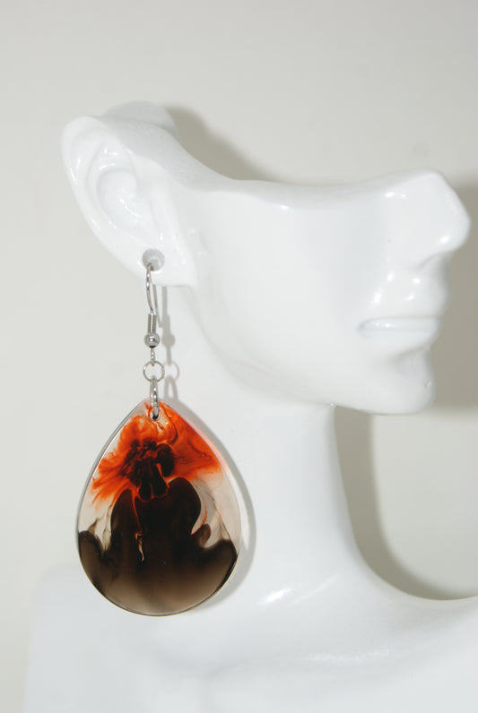 Hand-Poured Resin and Alcohol Ink Earrings - Droplet - Brown