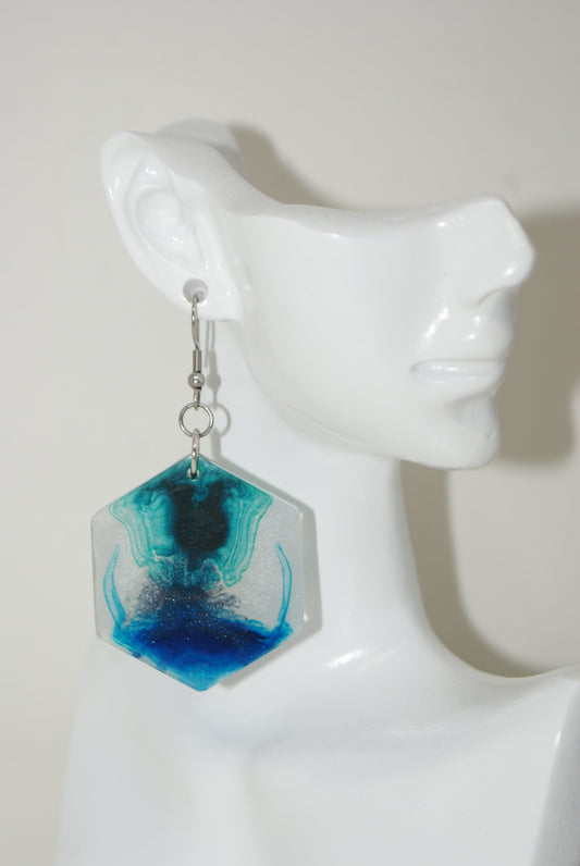 Hand-Poured Resin and Alcohol Ink Earrings - Hex - Turquoise/Blue