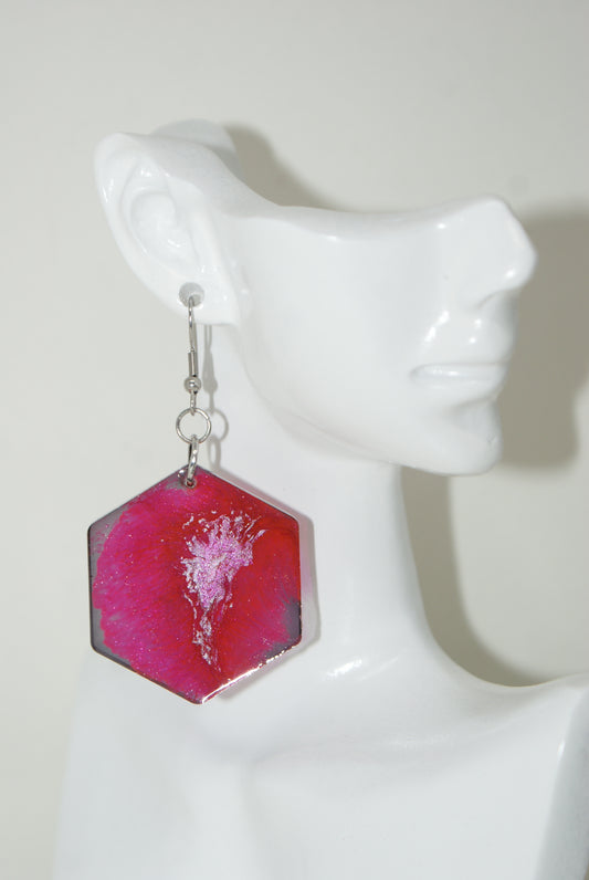 Hand-Poured Resin and Alcohol Ink Earrings - Hex - Fuchsia/Black