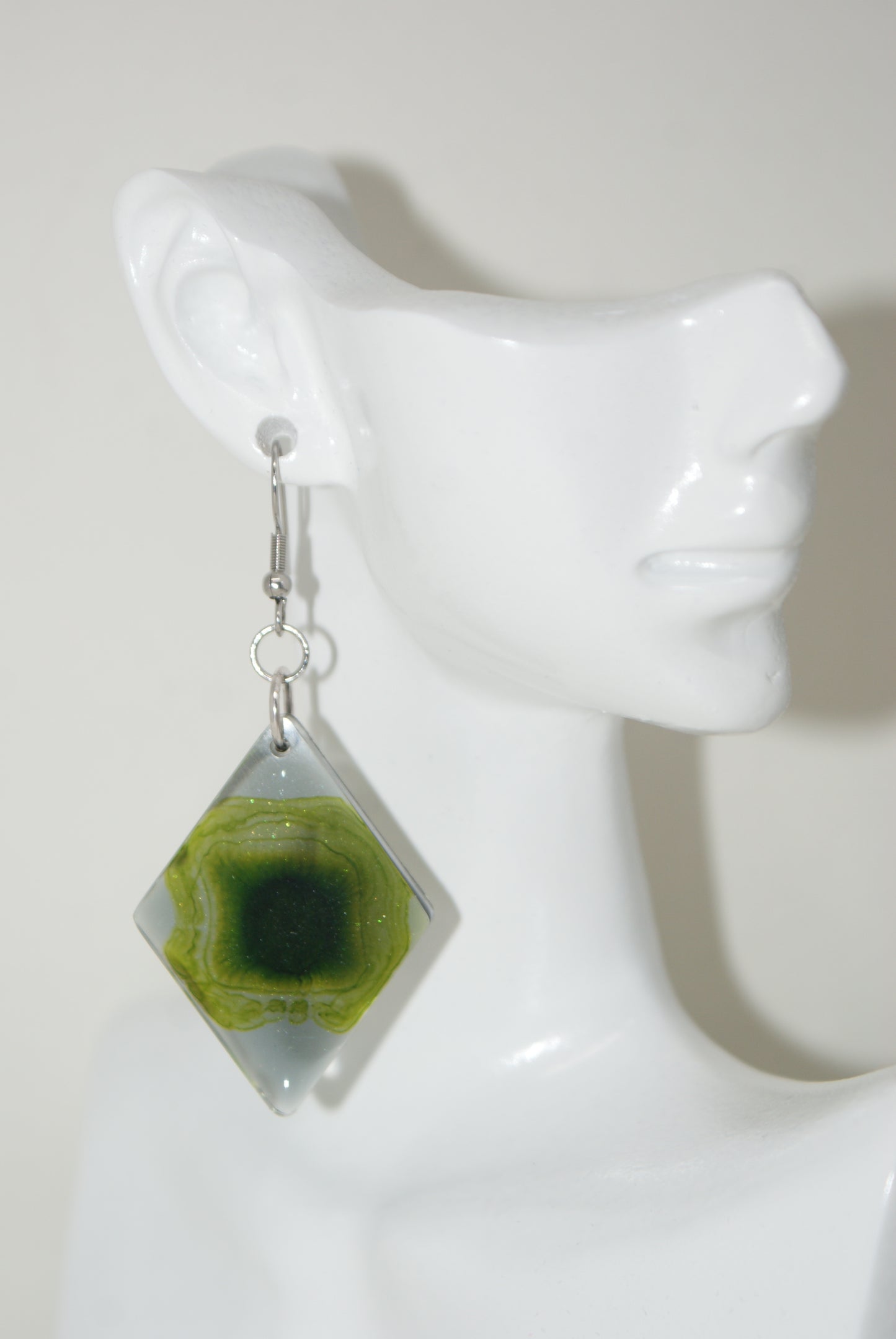 Hand-Poured Resin and Alcohol Ink Earrings - Diamond - Green/Black