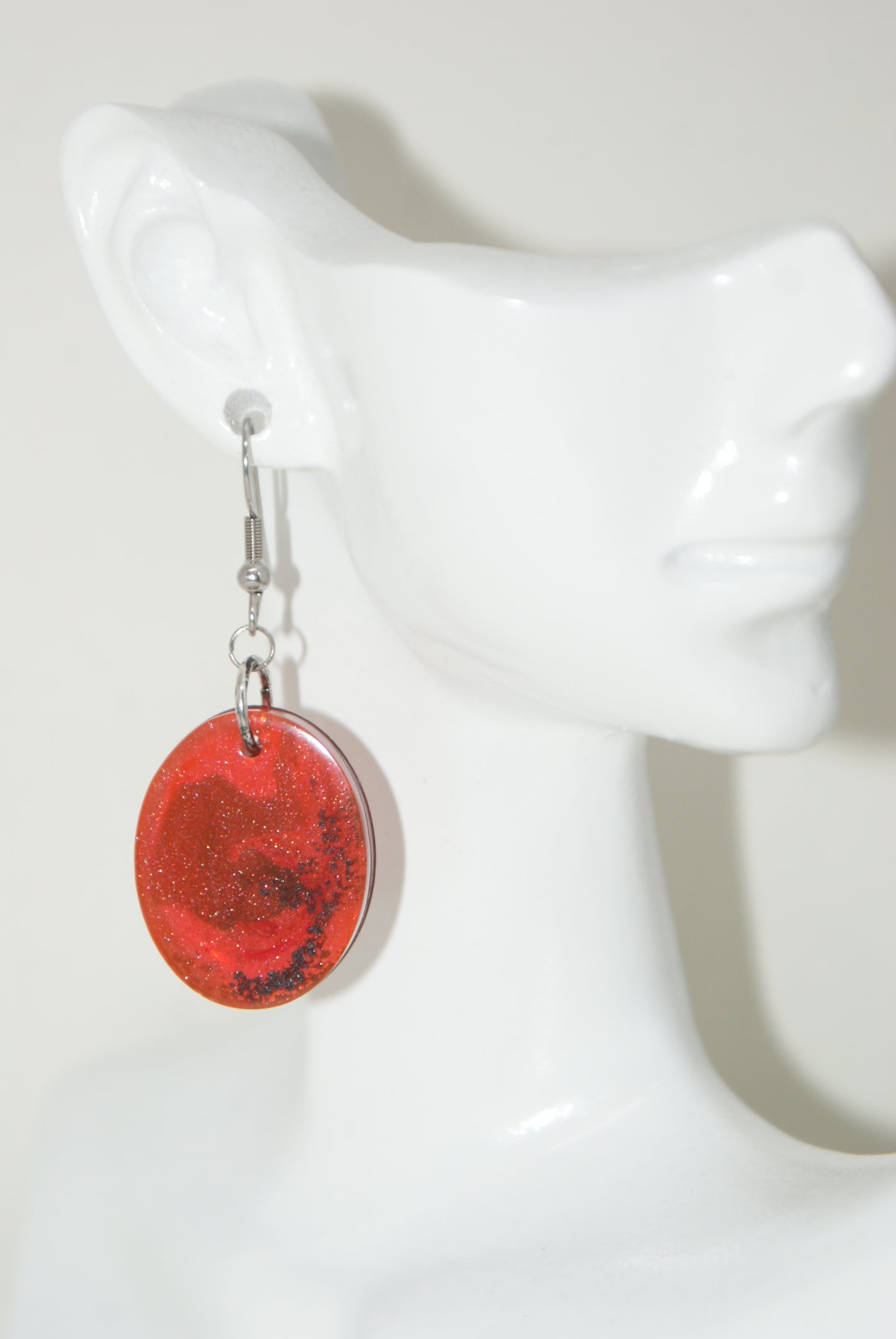 Hand-Poured Resin and Alcohol Ink Earrings - Oval - Red/Black