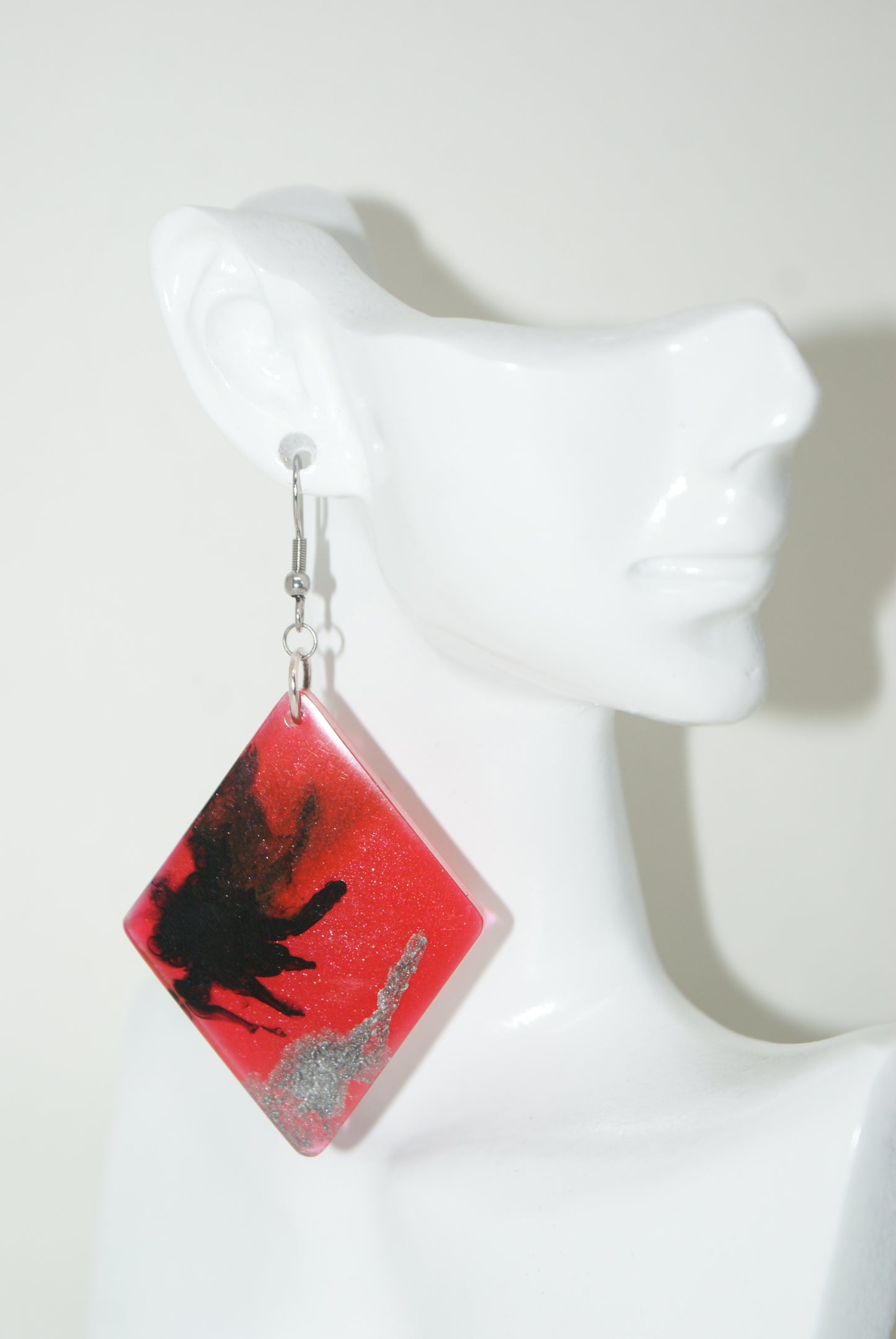 Hand-Poured Resin and Alcohol Ink Earrings - Diamond - Red/Silver/Black