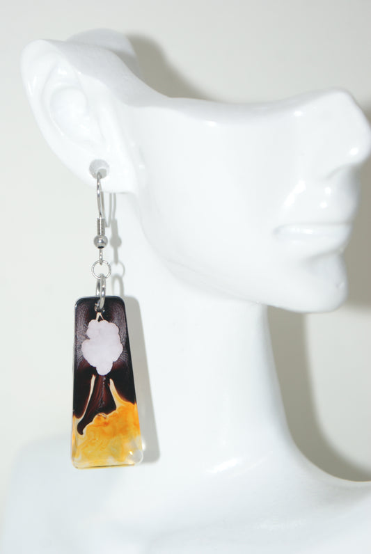 Hand-Poured Resin and Alcohol Ink Earrings - Brown/White