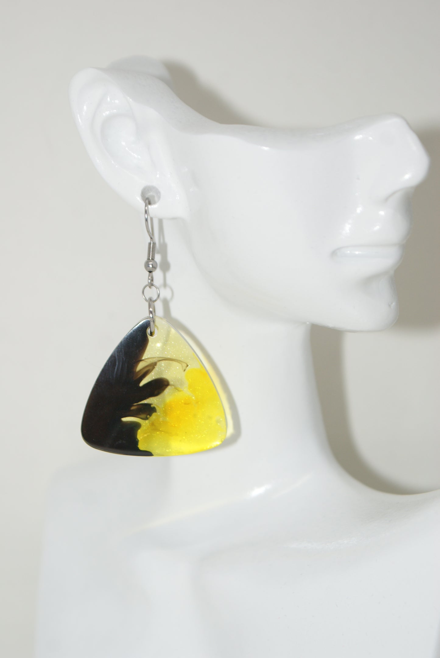 Hand-Poured Resin and Alcohol Ink Earrings - Triangle - Yellow/Black