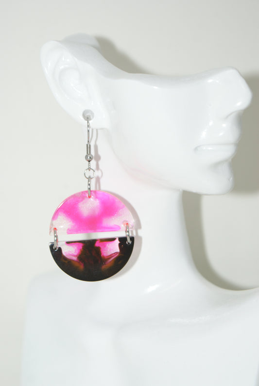 Hand-Poured Resin and Alcohol Ink Earrings - Half Circle - Pink/Black