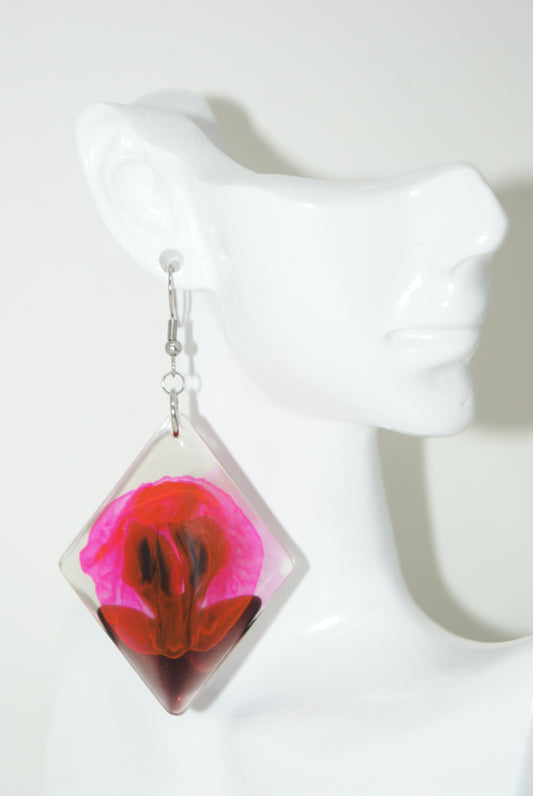 Hand-Poured Resin and Alcohol Ink Earrings - Diamond - Pink/Black