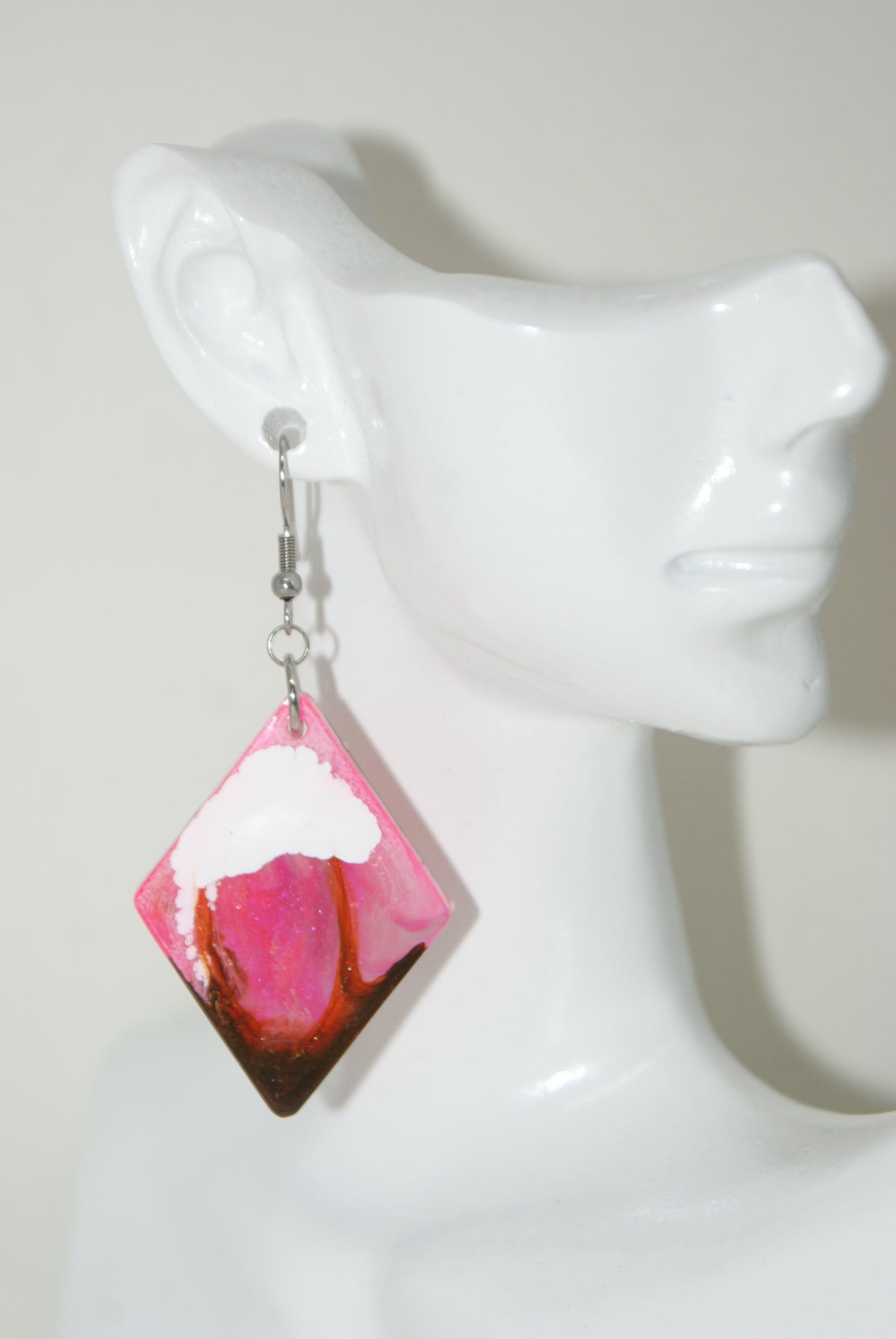 Hand-Poured Resin and Alcohol Ink Earrings - Diamond - Pink/Black/White